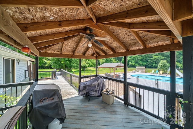 7411 Davis Rd, Waxhaw, NC 28173 - wooden deck featuring a gazebo, ceiling fan, and grilling area