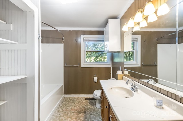 735 Edmiston Rd, Mount Ulla, NC 28125 - bathroom with wooden walls, vanity, bathing tub / shower combination, and ornamental molding