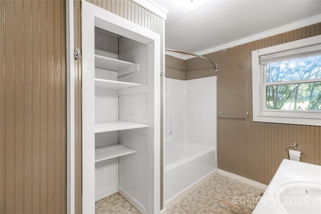 735 Edmiston Rd, Mount Ulla, NC 28125 - bathroom with shower / washtub combination, wood walls, and vanity