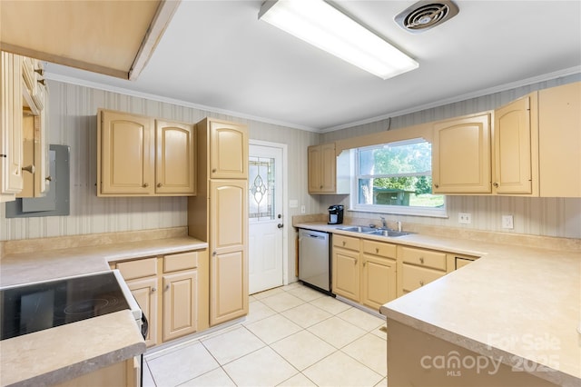 735 Edmiston Rd, Mount Ulla, NC 28125 - kitchen with stainless steel dishwasher, crown molding, range with electric cooktop, light tile patterned flooring, and light brown cabinets