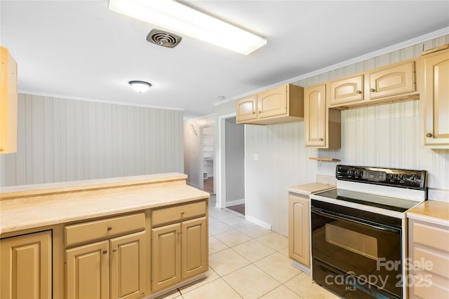 735 Edmiston Rd, Mount Ulla, NC 28125 - kitchen featuring electric range oven, light countertops, light tile patterned floors, light brown cabinets, and ornamental molding