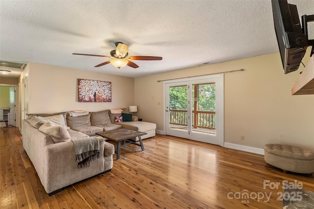 4 Northview Ln, Weaverville, NC 28787 - living room featuring a ceiling fan, a textured ceiling, and wood-type flooring