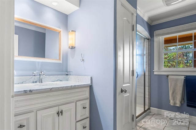 4 Northview Ln, Weaverville, NC 28787 - bathroom featuring vanity, a stall shower, and crown molding