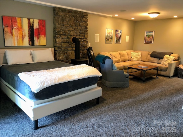4 Northview Ln, Weaverville, NC 28787 - bedroom featuring carpet floors, a wood stove, and recessed lighting