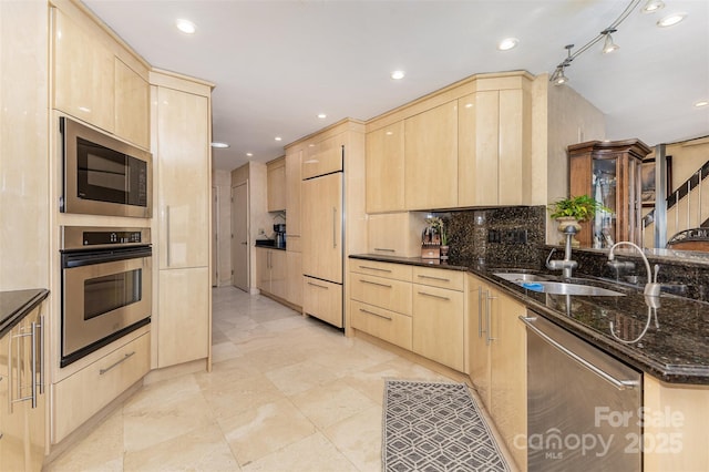 5 Hidden Cove Ln, Clover, SC 29710 - kitchen featuring built in appliances, light brown cabinets, dark stone countertops, backsplash, and recessed lighting
