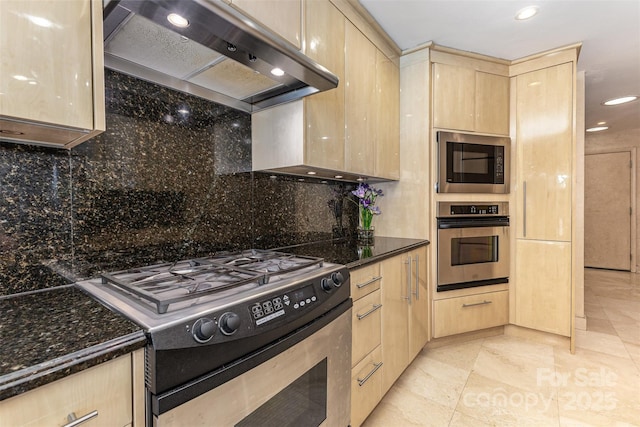 5 Hidden Cove Ln, Clover, SC 29710 - kitchen featuring appliances with stainless steel finishes, extractor fan, light brown cabinets, recessed lighting, and tasteful backsplash