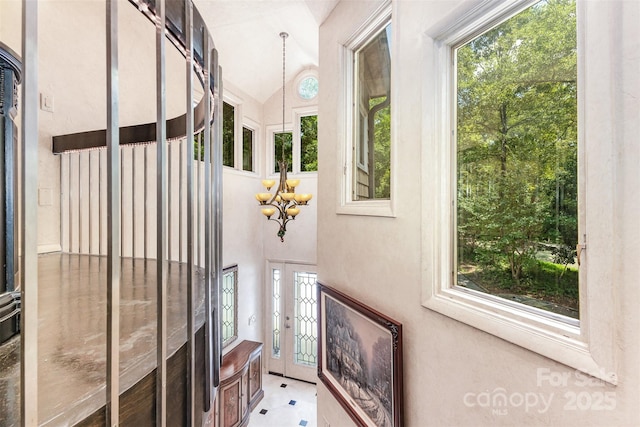 5 Hidden Cove Ln, Clover, SC 29710 - interior space with healthy amount of natural light, a chandelier, and lofted ceiling