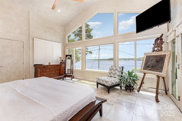 5 Hidden Cove Ln, Clover, SC 29710 - bedroom featuring high vaulted ceiling, a water view, and ceiling fan
