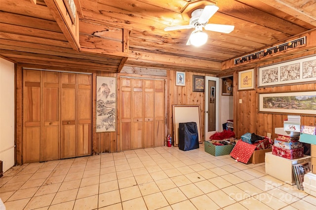 5 Hidden Cove Ln, Clover, SC 29710 - living room with wood ceiling, ceiling fan, light tile patterned flooring, and wood walls