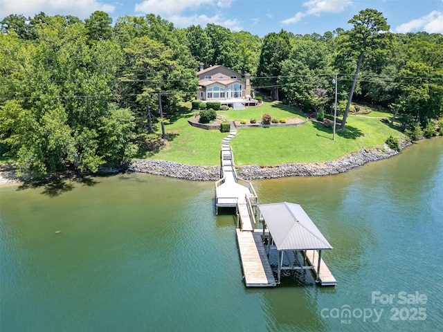 5 Hidden Cove Ln, Clover, SC 29710 - dock area featuring a water view, a lawn, a view of trees, and boat lift