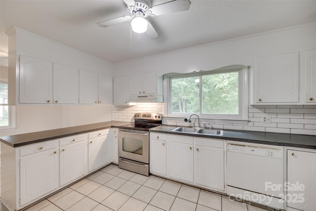 810 Applegate Ct, Gastonia, NC 28054 - kitchen featuring dishwasher, electric stove, under cabinet range hood, dark countertops, and white cabinets