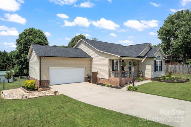 110 Bost Cir, Rockwell, NC 28138 - ranch-style house featuring a porch, concrete driveway, an attached garage, a shingled roof, and crawl space