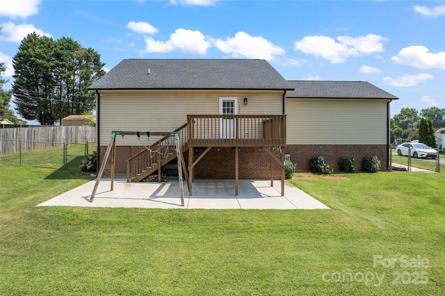 110 Bost Cir, Rockwell, NC 28138 - rear view of property with a patio area, a wooden deck, stairway, brick siding, and roof with shingles