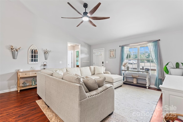 110 Bost Cir, Rockwell, NC 28138 - living area featuring a ceiling fan, dark wood-style flooring, and vaulted ceiling