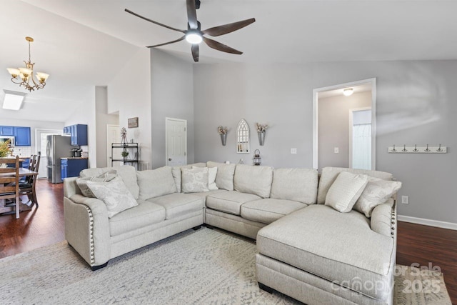 110 Bost Cir, Rockwell, NC 28138 - living area with a chandelier, wood finished floors, ceiling fan, and high vaulted ceiling