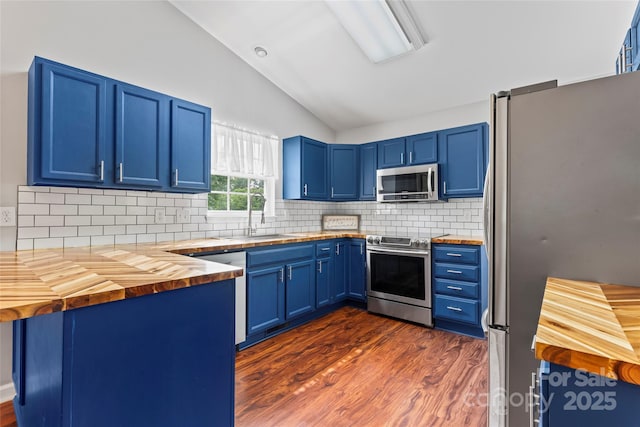 110 Bost Cir, Rockwell, NC 28138 - kitchen with wooden counters, stainless steel appliances, blue cabinetry, and lofted ceiling