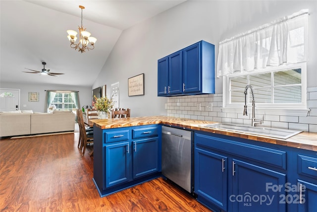 110 Bost Cir, Rockwell, NC 28138 - kitchen featuring wooden counters, dishwasher, blue cabinetry, and high vaulted ceiling