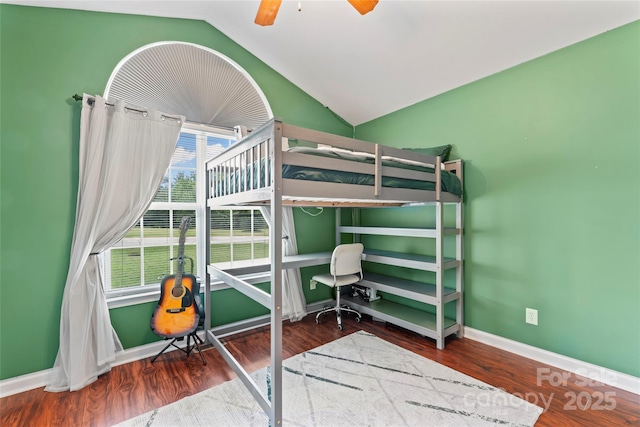 110 Bost Cir, Rockwell, NC 28138 - bedroom with lofted ceiling, an office area, wood finished floors, and ceiling fan