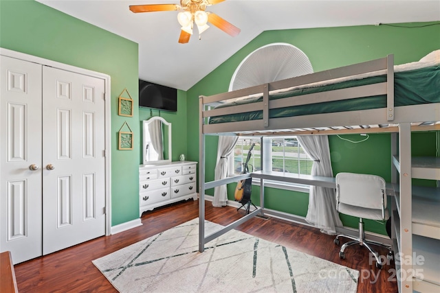 110 Bost Cir, Rockwell, NC 28138 - bedroom with vaulted ceiling, an office area, wood finished floors, and ceiling fan