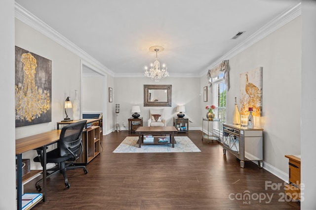 4108 Deerfield Dr NW, Concord, NC 28027 - office area featuring a chandelier, crown molding, and dark wood-style flooring