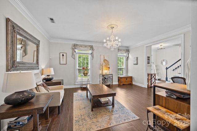 4108 Deerfield Dr NW, Concord, NC 28027 - living area with a chandelier, ornamental molding, stairs, and dark wood-type flooring