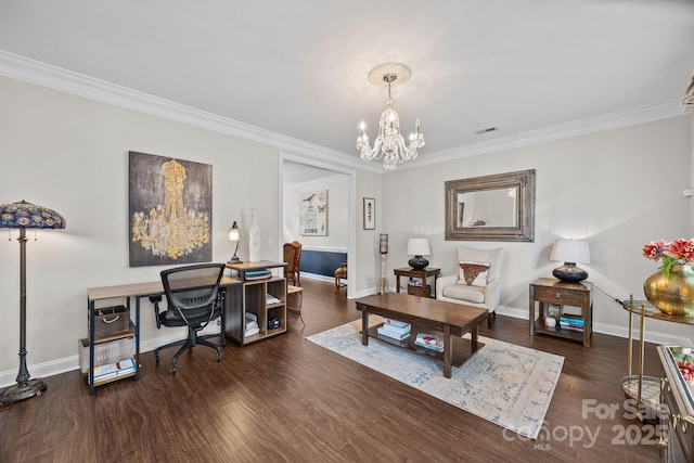 4108 Deerfield Dr NW, Concord, NC 28027 - home office featuring a chandelier, crown molding, and wood finished floors