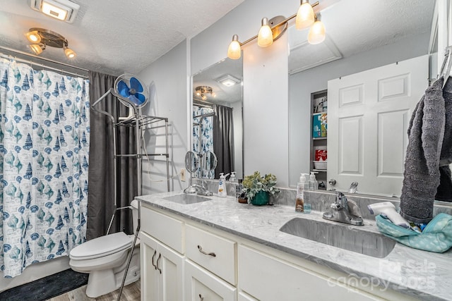 60 37th St NW, Hickory, NC 28601 - full bath with double vanity, a textured ceiling, wood finished floors, and a shower with curtain