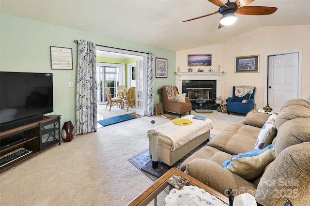 209 Camellia Way, Hendersonville, NC 28739 - living area with carpet, vaulted ceiling, ceiling fan, and a tiled fireplace