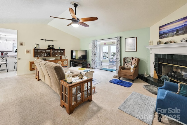 209 Camellia Way, Hendersonville, NC 28739 - living room featuring carpet flooring, lofted ceiling, ceiling fan, and a fireplace