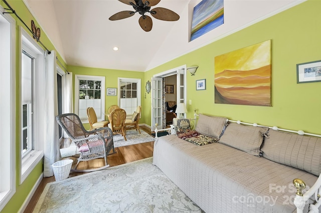 209 Camellia Way, Hendersonville, NC 28739 - living room with wood finished floors, lofted ceiling, ceiling fan, healthy amount of natural light, and french doors