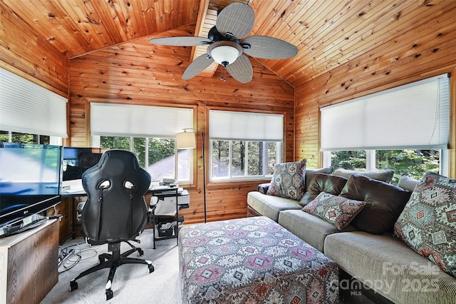 209 Camellia Way, Hendersonville, NC 28739 - home office featuring vaulted ceiling, wooden ceiling, wood walls, carpet flooring, and a ceiling fan