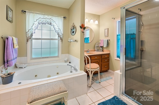 209 Camellia Way, Hendersonville, NC 28739 - bathroom featuring a stall shower, vanity, a tub with jets, and tile patterned floors