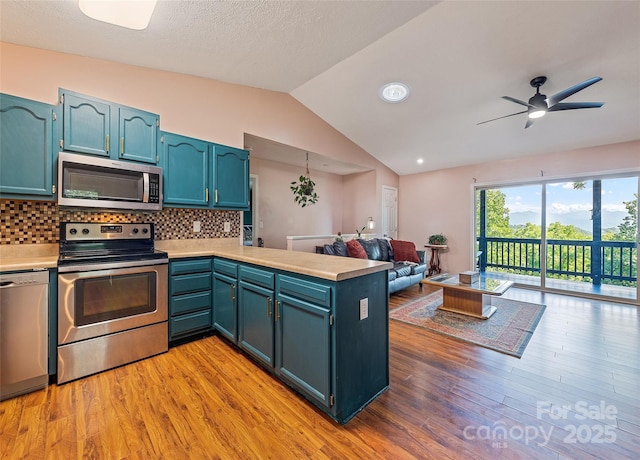 208 Tuckaway Rd, Waynesville, NC 28785 - kitchen featuring appliances with stainless steel finishes, a peninsula, vaulted ceiling, light countertops, and light wood finished floors