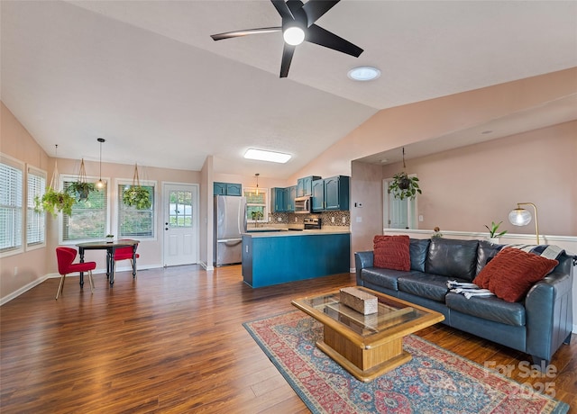 208 Tuckaway Rd, Waynesville, NC 28785 - living room featuring vaulted ceiling, dark wood finished floors, and ceiling fan