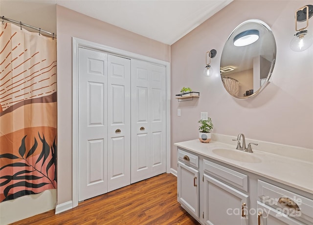 208 Tuckaway Rd, Waynesville, NC 28785 - bathroom with vanity, wood finished floors, and a shower with shower curtain