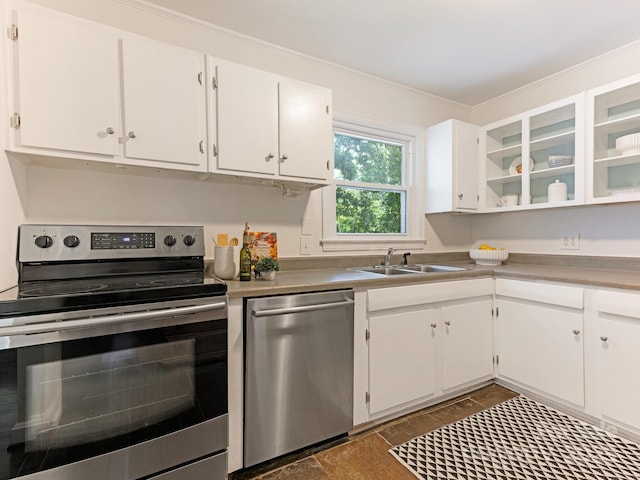 5123 Glenham Dr, Charlotte, NC 28210 - kitchen with appliances with stainless steel finishes, white cabinets, crown molding, light countertops, and glass insert cabinets