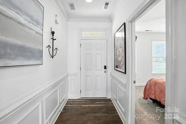 2026 Union Grove Ln, Indian Trail, NC 28079 - entryway with crown molding, wainscoting, a decorative wall, and dark wood-style floors