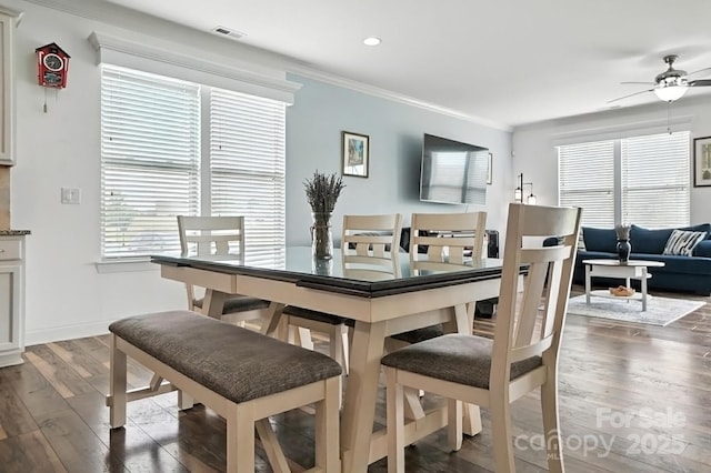 2026 Union Grove Ln, Indian Trail, NC 28079 - dining space featuring wood finished floors, ceiling fan, crown molding, and recessed lighting