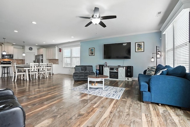 2026 Union Grove Ln, Indian Trail, NC 28079 - living area with a ceiling fan, ornamental molding, wood finished floors, and recessed lighting