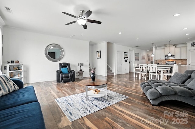 2026 Union Grove Ln, Indian Trail, NC 28079 - living area with stairway, ceiling fan, wood finished floors, and recessed lighting