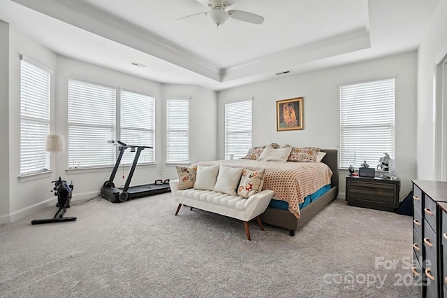 2026 Union Grove Ln, Indian Trail, NC 28079 - bedroom with light colored carpet, a tray ceiling, multiple windows, crown molding, and ceiling fan