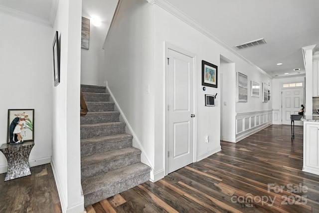 2026 Union Grove Ln, Indian Trail, NC 28079 - stairway with wood finished floors, ornamental molding, and recessed lighting