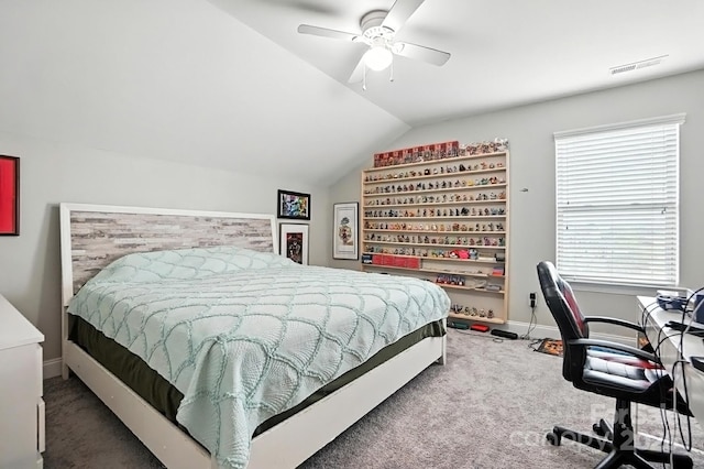 2026 Union Grove Ln, Indian Trail, NC 28079 - bedroom featuring carpet flooring, vaulted ceiling, ceiling fan, and a desk