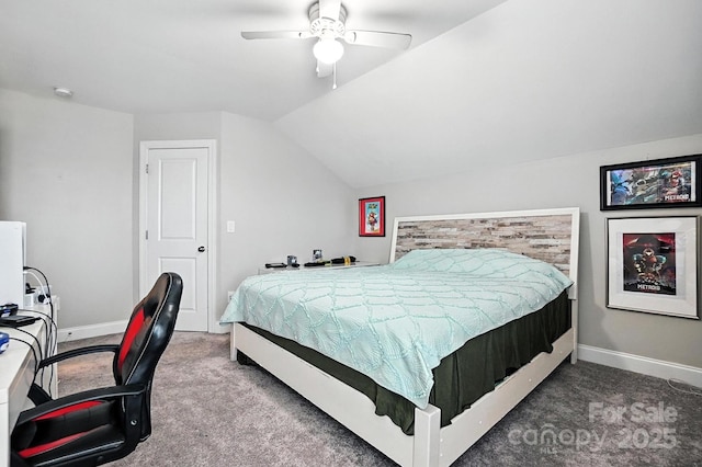 2026 Union Grove Ln, Indian Trail, NC 28079 - carpeted bedroom featuring vaulted ceiling, a ceiling fan, and an office area