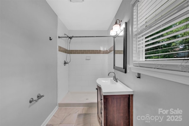 1940 Tyvola Rd, Charlotte, NC 28210 - bathroom featuring a shower stall, vanity, and marble finish flooring