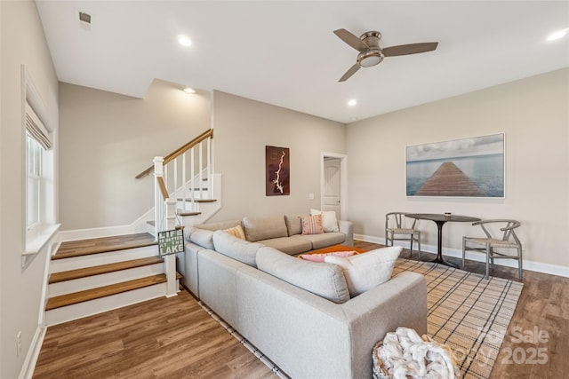 347 Landing Trl, Mount Gilead, NC 27306 - living room with stairway, a ceiling fan, wood finished floors, and recessed lighting