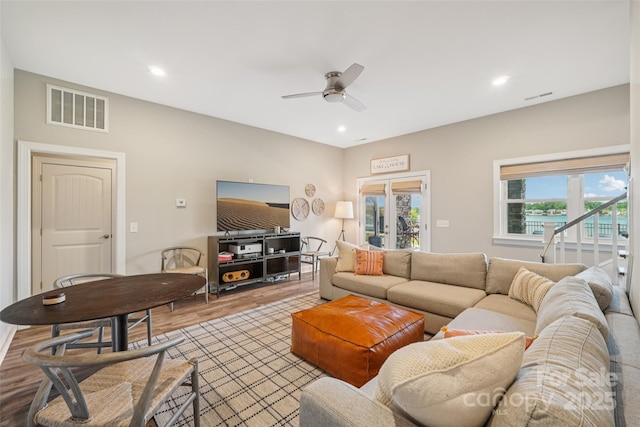 347 Landing Trl, Mount Gilead, NC 27306 - living room featuring a ceiling fan, wood finished floors, and recessed lighting
