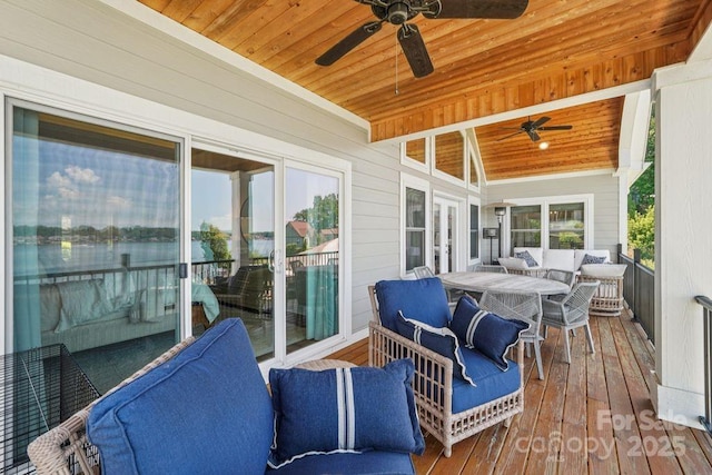 347 Landing Trl, Mount Gilead, NC 27306 - wooden deck featuring ceiling fan, outdoor dining area, french doors, and outdoor lounge area