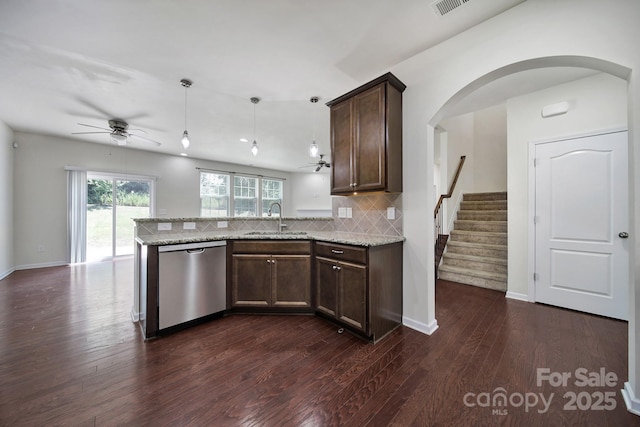 10328 Ebbets Rd, Charlotte, NC 28273 - kitchen featuring dishwasher, ceiling fan, a peninsula, and dark wood-style flooring