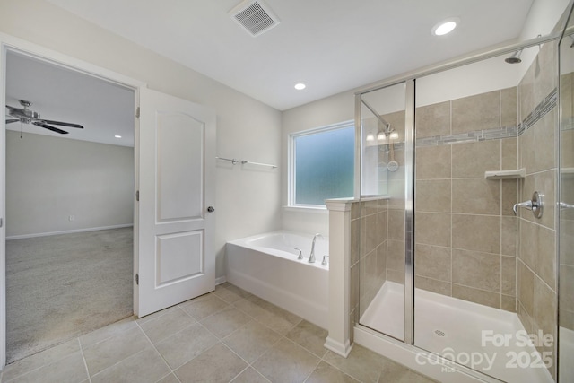 10328 Ebbets Rd, Charlotte, NC 28273 - full bath featuring a bath, a shower stall, ceiling fan, tile patterned flooring, and recessed lighting